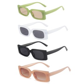 ENTHYI Rectangle Vintage Sunglasses for Women Retro 90s Square Female Chunky Glasses (White+Black+Green+Tea)