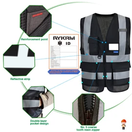 AYKRM Safety Vest Yellow Orange Black Folder Security Fire Protection Aid, black