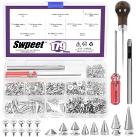 Swpeet 179 Sets 8 Sizes Silver Cone Spikes with Scratch Awl Screwdriver Punch Assortment Kit, Punk Spikes and Studs Metal Tree Spikes Bullet Spikes Screwback Studs for Punk Clothing Craft DIY
