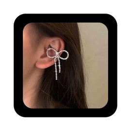 Cimenexe Bohemian Crystal Bow Cuff Earring Gold CZ Bow Cartilage Earring Hollow CZ Bow Tie Cuff Earring Rhinestone Bow Cartilage Cuff Earring Gold Tennis Tassel Chain Earring, Zinc, No Gemstone