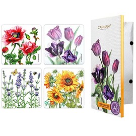 CARMANI - Square cork underlay set with 4 cork mats/coasters decorated with flower pattern