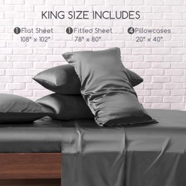 MR&HM Satin Bed Sheets, King Size Sheets Set, 6 Pcs Silky Bedding Set with 15 Inches Deep Pocket for Mattress(King, Dark Grey)