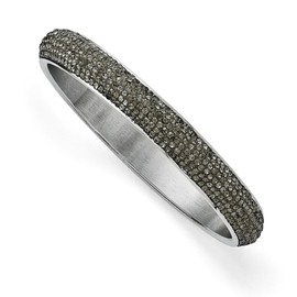 Solid Stainless Steel Black Enamel Clear Crystal Rounded Bangle Cuff Bracelet (Width = 10mm)