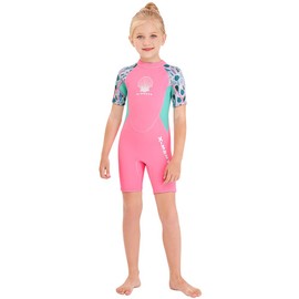Traje de baño térmico de neopreno corto para niños, 0.079 pulgadas para niñas, niños, adolescentes, jóvenes, niños pequeños, traje de baño de una pieza con protección UV, traje de baño para surf (niña rosa, L)