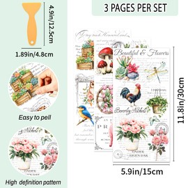 WEBEEDY 3 Pcs 15x30cm Farmhouse Rub on Transfer Sticker Vintage Flower Animals Furniture Stickers Wall Sticker Antique Decals Decoupage Paper for Window Wall Art Cups Envelope Scrapbooking Home Decor