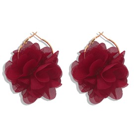 Elegant Flower Petal Drop Earrings for Women - Chiffon Floral Hoop Earrings, Red/Pink/Burgundy Earrings - Flower Statement Earrings for Women - Burgundy