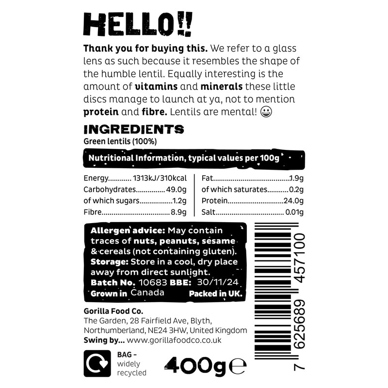 Gorilla Food Co. Green Lentils Whole Dried - 400g