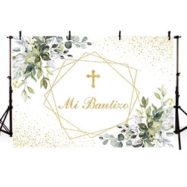 MEHOFOND Mi Bautizo Backdrop Mexican Baptism Party Supplies First Holy Communion Newborn Baby Shower Gold Glitter Background Greenery Eucalyptus Photo Booth Props 7x5ft