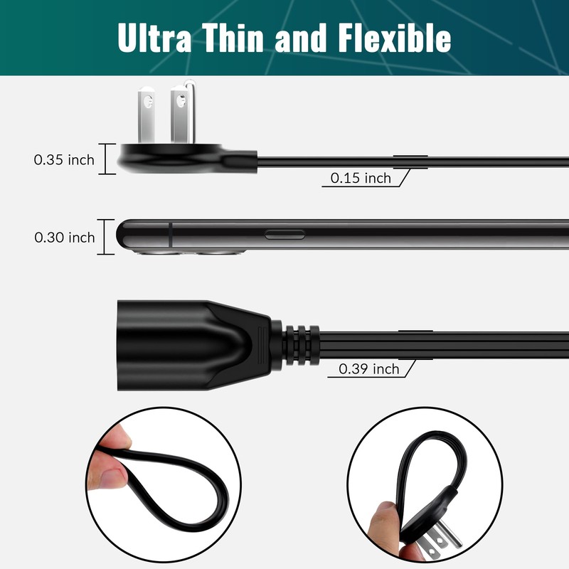 Elecan Flat Plug Extension Cord 12 Ft with Slim Space-Saving