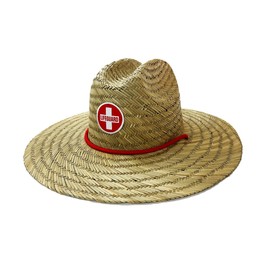 Lifeguard Straw Hat - 50+ SPF for Men or Women - Bold Lifeguard Patch - Red Draw String Adjustment - One Size