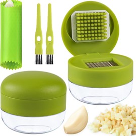 Woonmart 2 Pcs Garlic Press Stainless Steel, Garlic Mincer Crusher with Peeler and Cleaning Brush, Garlic Chopper Mini Kitchen Tool