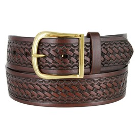 Utility Uniform Work Belt w/Center Bar Buckle One Piece Full Grain Leather Basketweave Embossed Belt 1-3/4"(45mm) Wide (Brown, 36)