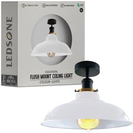 LEDSone Industrial Vintage Semi Flush-Mounted Ceiling Light Metal Bowl Shape Downlight Red Lampshade Living Room Indoor Decoration E27 Base (White)