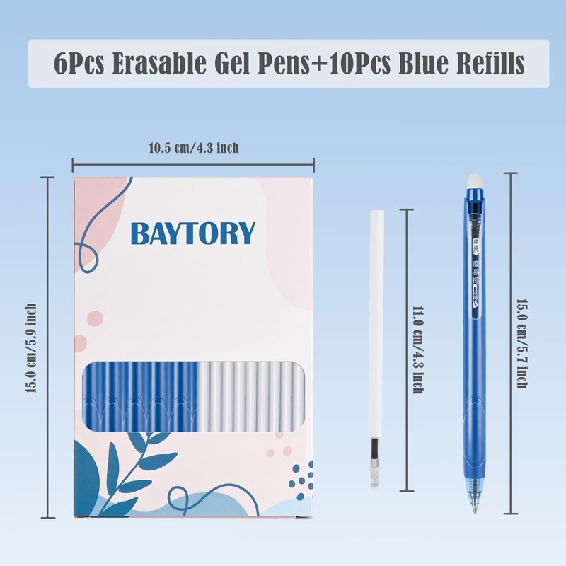 BAYTORY 16Pcs Erasable Gel Pens, 6Pcs Blue Ink Pens +