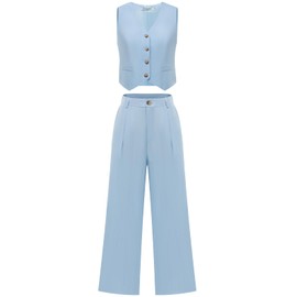 Kelyaa Women's 2 Piece Suiting Set Sleeveless Vest and Wide Leg Pants Suit Casual Business Office Outfit Light Blue