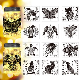 Peacoblue Mandora Animal Silhouette Cutouts for Jars, Mason Can, Glass, Wishing Bottle Decor(No Stickers), 12Pcs Reusable Silhouette Lantern DIY Craft Kit Jar Decals Art Mural Home Garden Decor