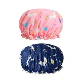 2 Pcs Unicorn Shower Caps Double-Layer Shower Cap Cute Girl Shower Cap With Elasticity Children's Shower Caps,blue+pink