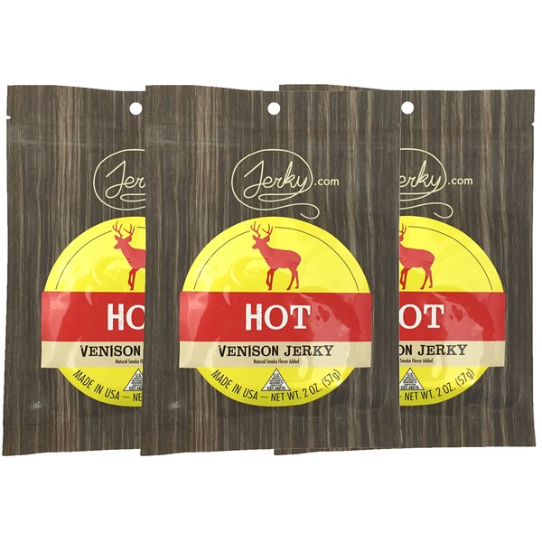 Jerky.com's Hot Venison Jerky - 3 PACK - The Best Wild Game Deer Jerky on the Market - 100% Whole Muscle Venison - No Added Preservatives, No Added Nitrates and No Added MSG - 5.25 total oz.