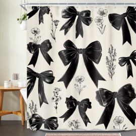 Ufeela Black Bow Shower Curtain 72Wx72L Inch Girls Coquette Retro Vintage Bowknot Floral Wildflower Girly Fashion Elegant Plant Bathroom Set Aesthetic Bath Curtain Bathtub Accessories Home Decor