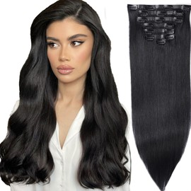 DIYOMO Seamless Hair Extensions - Real Human Hair,Human Hair Extensions Clip in Hair Extensions 120g 7pcs PU Skin Weft for Women Clip In Hair Extensions Real Human Hair 14Inch Light Jet black#1