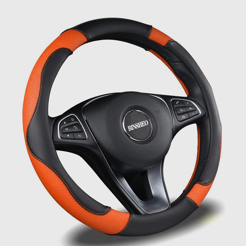 Binsheo Leather Steering Wheel Cover, Breathable, Anti Slip & Odor