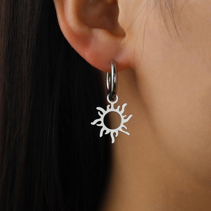 Sun Pendant Hoop Earrings for Women Stainless Steel Sun Dangle