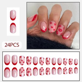 Hrnsnails Valentines Press On Nails Almond Short, Valentines Fake Nails with Flaming lips Red heart Design, Artificial Valentines Nails Stick On Nails for Women-24Pcs