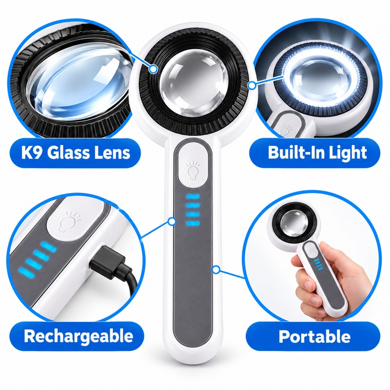 USB Rechargeable 60x HD Magnifier with LED & Purple Light