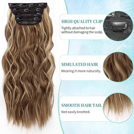 KooKaStyle Clip in Synthetic Hair Extensions Long Wavy 4PCS Honey Blonde Mixed Light Fiber Double Weft Natural Hair Extensions 20 Inch for Women
