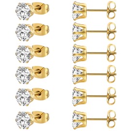 MDFUN 6 Pairs 8MM 18K Yellow Gold Plated Round 5A+ Cubic Zirconia Stud Earring Hypoallergenic CZ 6 Prong Ears Jewelry for Women- Pack of 6