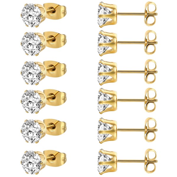 MDFUN 6 Pairs 8MM 18K Yellow Gold Plated Round 5A+