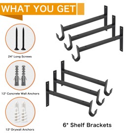 EZYDECOR Shelf Bracket with Hook Black Closet Rod Support Bracket 6 Pack Wall Mounted Heavy Duty Shelf Brackets (12 Inch)