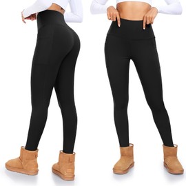 DHSO Fleece Lined Leggings with Pockets for Women-High Waisted Winter Tummy Control Thermal Warm Yoga Pants for Hiking Workout, Black, S-M