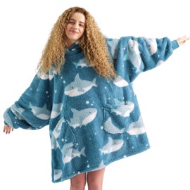Bedsure Wearable Blanket Hoodie Gifts for Women - Shark Printed Sherpa Cozy Hoodie Blanket for Adult Men, Warm Hooded Blanket
