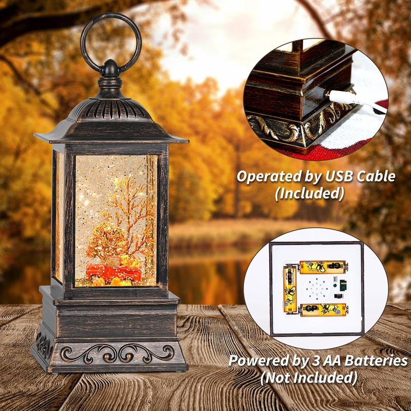 Fall Snow Globe Decorations, Glitter Red Truck Lantern with 6H