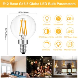 BRIMAX 10 Pack G16.5 Bombillas,Bombillas LED regulables 4W E12 Equivalente 40W,Bombilla Edison Globo Pequeño 2700K Blanco Cálido,AC120V,Sin Parpadeo para Ventiladores de Techo Candelabro Colgante