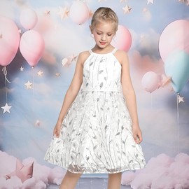 Girls Dress Silver Leaf Sheer Mesh Lace Embroidery Halter Formal Elegant Size 6