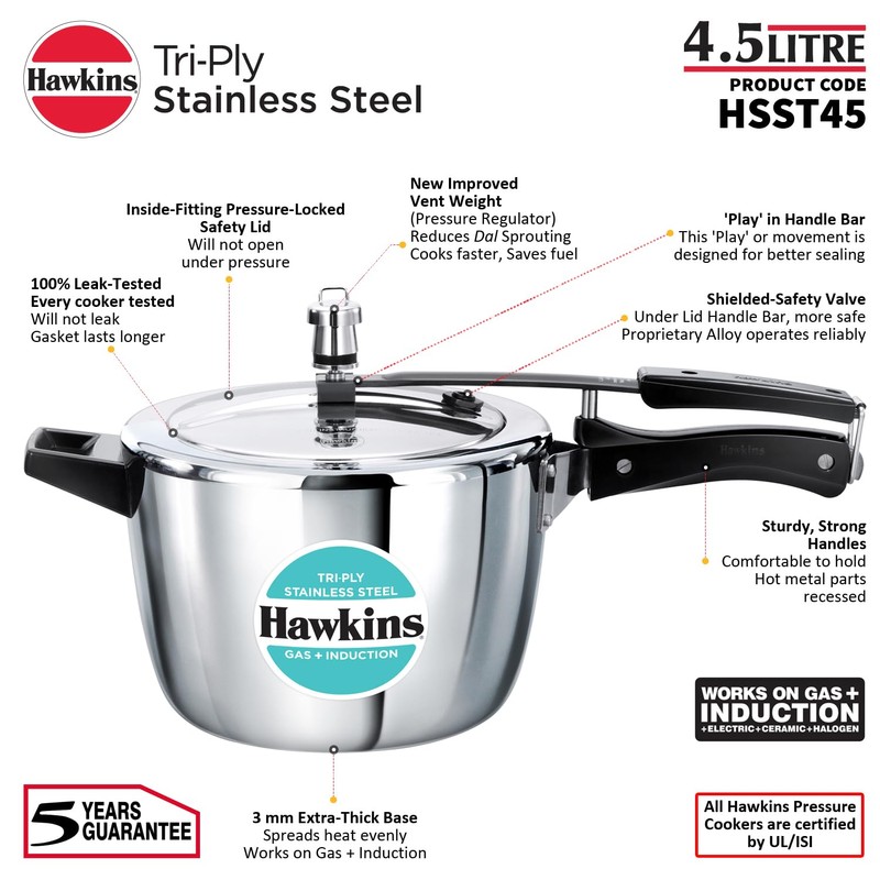 HAWKINS Triply Stainless Steel Pressure Cooker, Inner Lid Cooker, (HSST45)