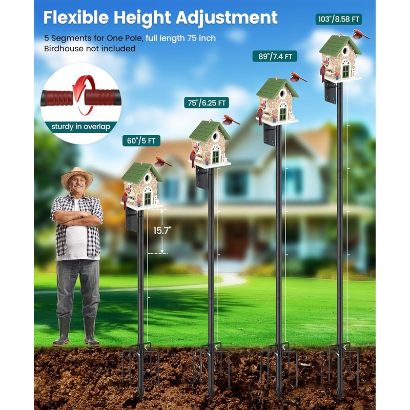 75" Heavy Duty Bird Feeder Pole, 1" Metal Adjustable Outdoor
