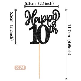 24 piezas de decoraciones de magdalenas de feliz décimo cumpleaños con purpurina para 10 años de décimo cumpleaños para magdalenas, 10 bolas dobles, decoración de pasteles para suministros de fiesta de décimo cumpleaños, aniversario, color negro