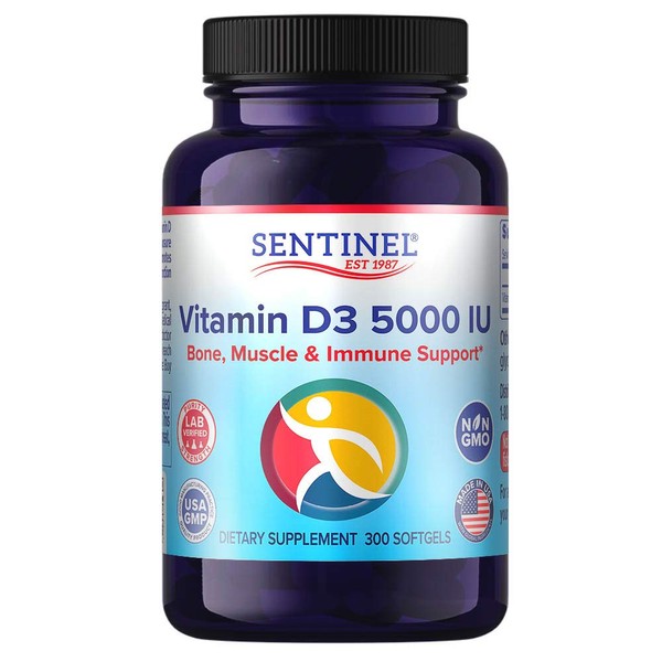 Sentinel Vitamin D3 5000 IU, Immune Support*, Muscle and Bone Health*, Sunshine Vitamin*, 300 Softgels