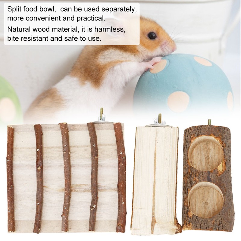 Natural Wood Hamster Feeding Food Bowl Split Climbing Ladder Platform