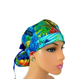 Turn Up Ponytail Medical Scrub Cap - Sea Life Paradise. - Bouffant Scrub Hats, Unisex Surgical Caps, Dr. Hats, Nurses Hats. Scrub Hat for Women & Men tie Back | Working Cap with Holder