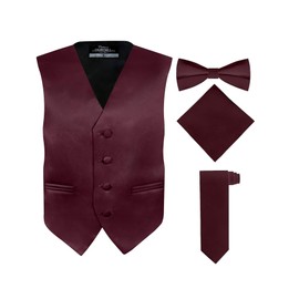 S.H. Churchill & Co. Boy's 4 Piece Vest Set, with Bow Tie, Neck Tie & Pocket Hankie, Burgundy Size 14