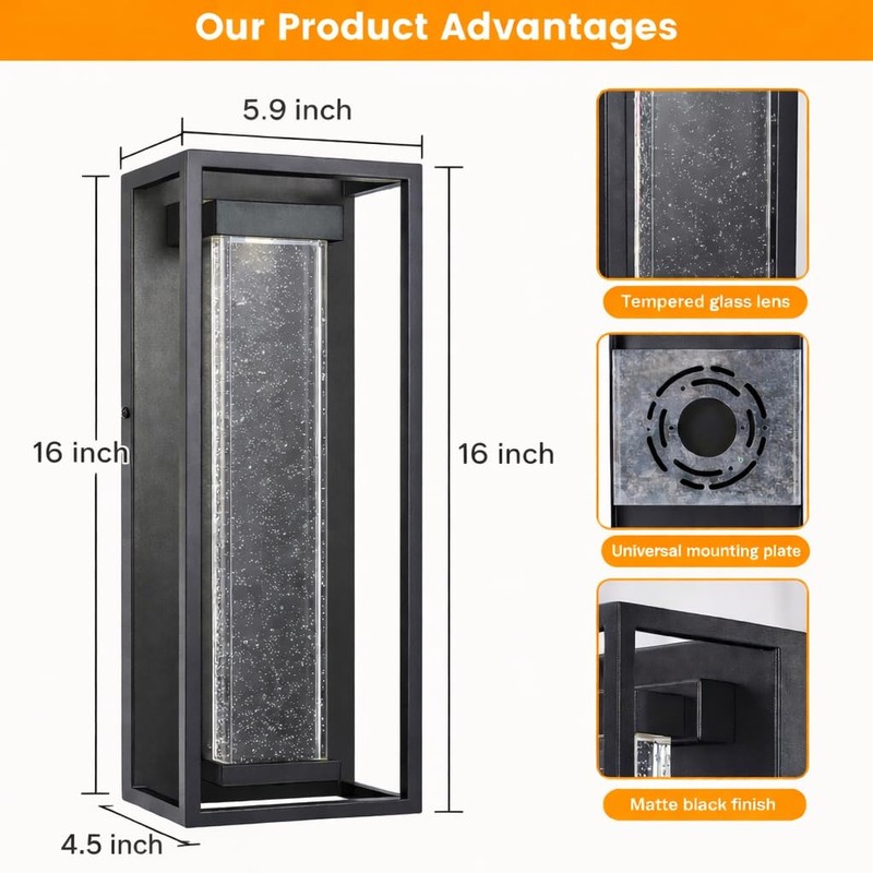 16 Inch Modern Outdoor Wall Sconce, Matte Black Waterproof Exterior