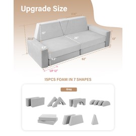 YEFU 15pcs Large Modular Kids Play Couch, Kids Couch,Play Couch, Kids Sofa for Playroom and Bedroom, Kids Play Couch Playroom Furniture for Toddlers, Convertible Couch for Boys and Girls, Grey