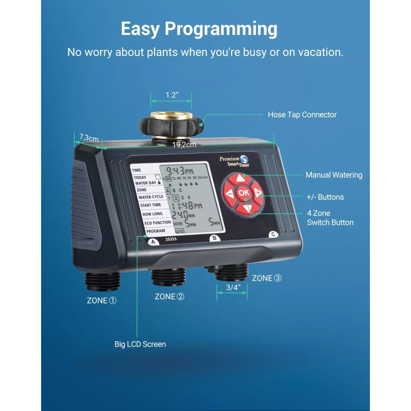 DEWENWILS Sprinkler Timer 3 Zone, 4 Programmable Water Hose Timer