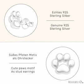 Monkimau Paw Stud Earrings Made of 925 Silver Jewellery Silver Earrings Medical for Children Girls Women, Silver