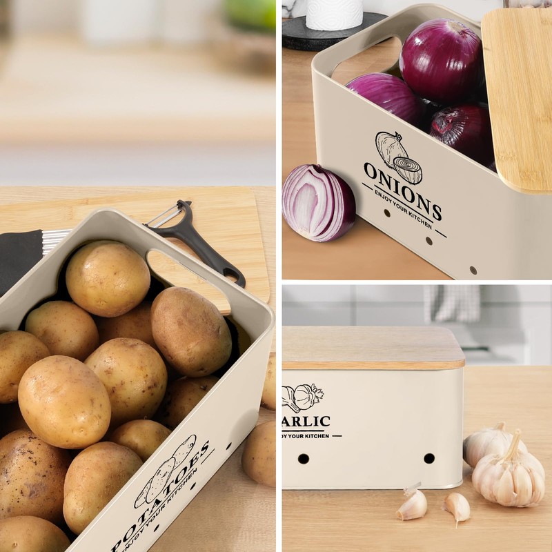 Dekosilave Kitchen Vegetable Storage Set of 3, Metal Onion Garlic