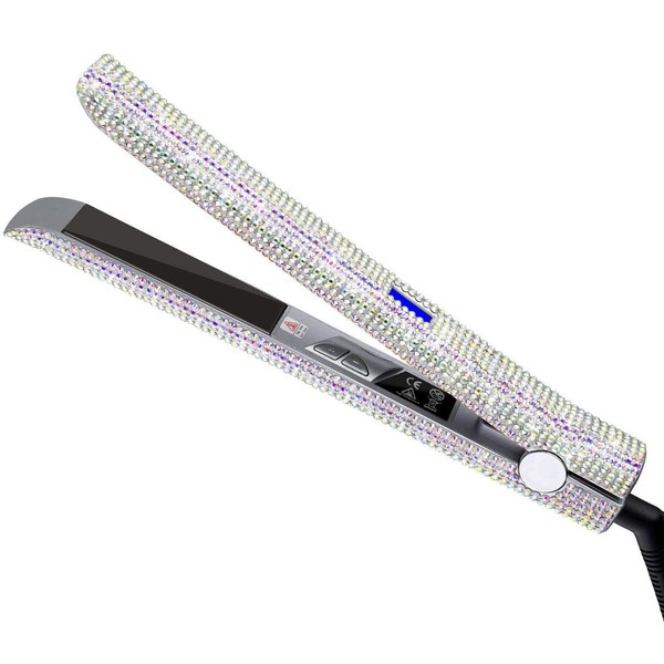 Plancha plana de titanio para el cabello, alisador de pelo profesional de diamante 2 en 1, alisador rizador con decoración de diamantes de imitación, calentamiento instantáneo 470F, pantalla LCD, doble voltaje (brillo AB)